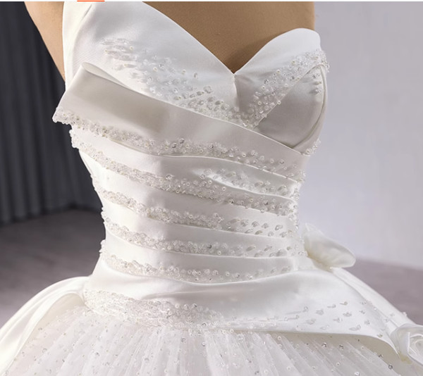 White Satin Tulle Pleats Beading Wedding Dress With Train
