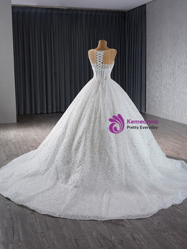 White See Though Neck Tulle Beading Sequins Pearls Wedding Dress