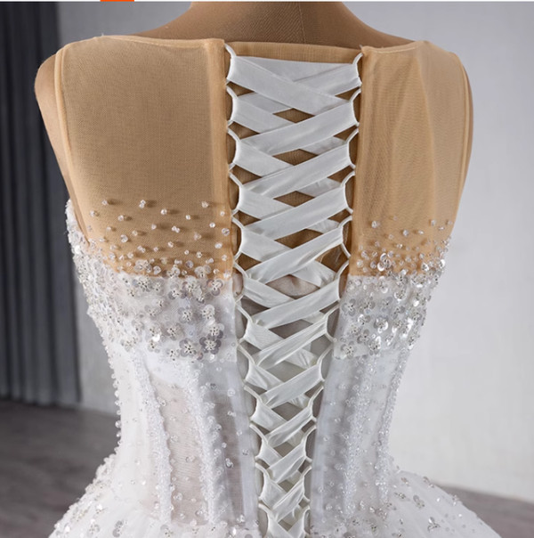 White See Though Neck Tulle Beading Sequins Pearls Wedding Dress