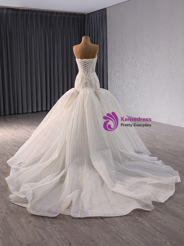 White Mermaid Tulle Beading Sequins Wedding Dress
