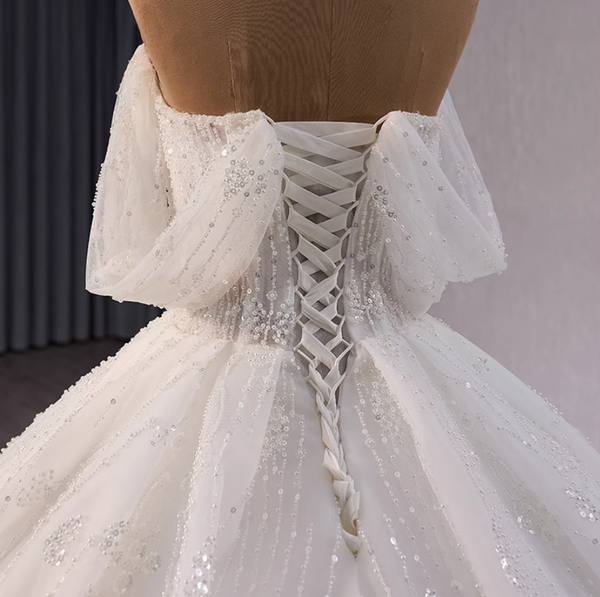 White Tulle Sequins Beading Off the Shoulder Wedding Dress