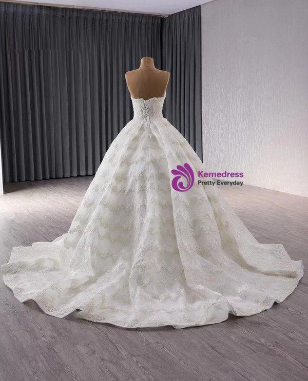 Vintage Ball Gown Strapless Lace Pearls Wedding Dress