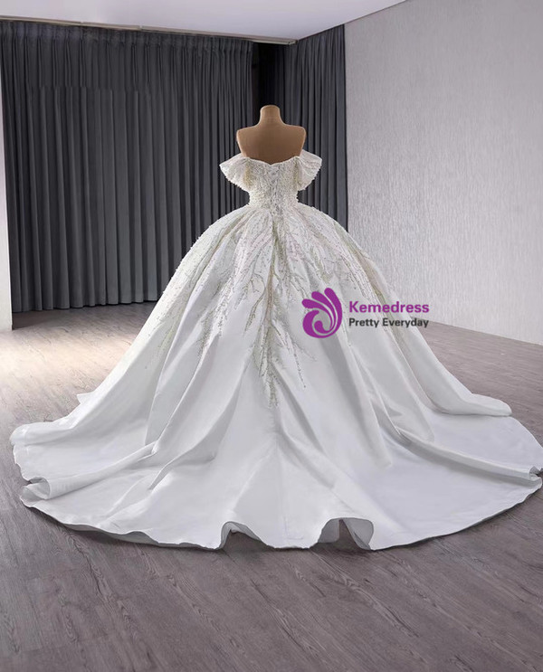 White Satin Sequins Pearls Wedding Dress