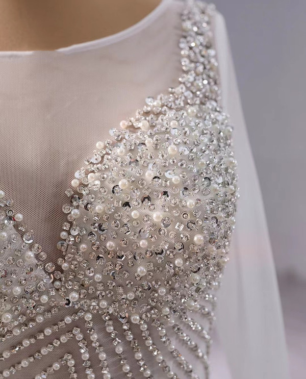 White Mermaid Long Sleeve Beading Sequins Wedding Dress