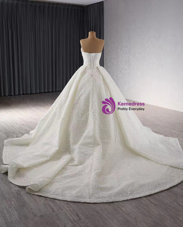 White Tulle Sequins Strapless Wedding Dress 