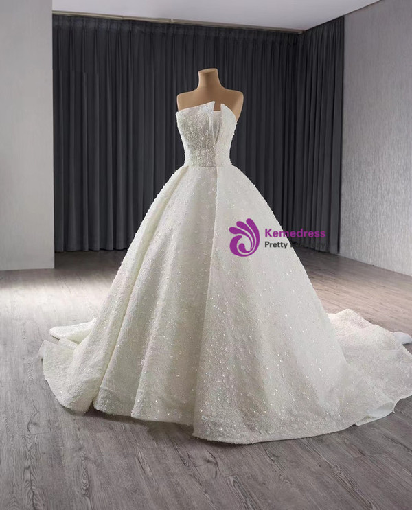 White Tulle Sequins Strapless Wedding Dress 