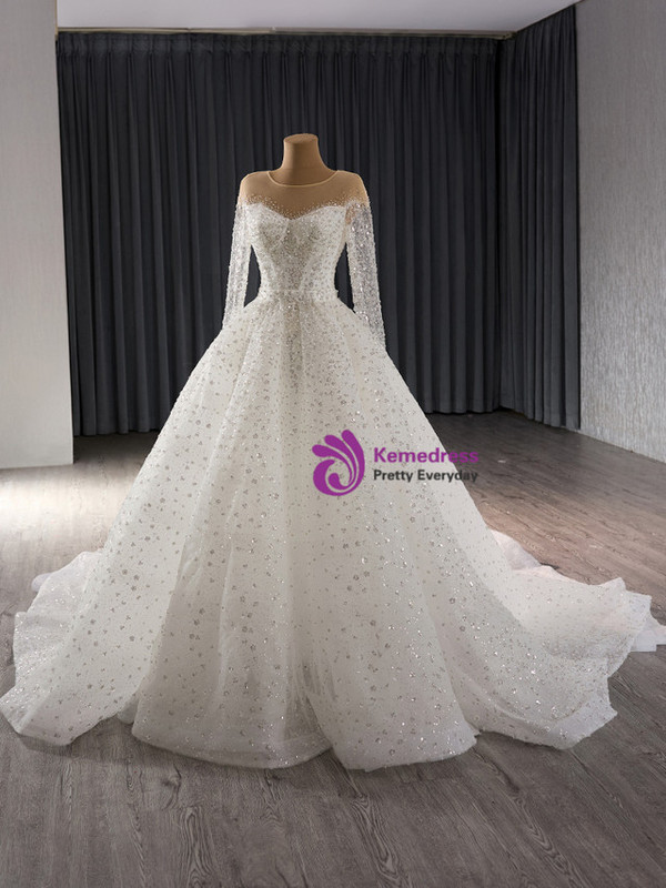 White Ball Gown Sequins Long Sleeve Wedding Dress