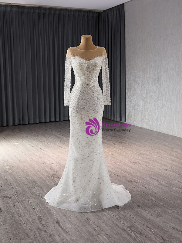 White Ball Gown Sequins Long Sleeve Wedding Dress