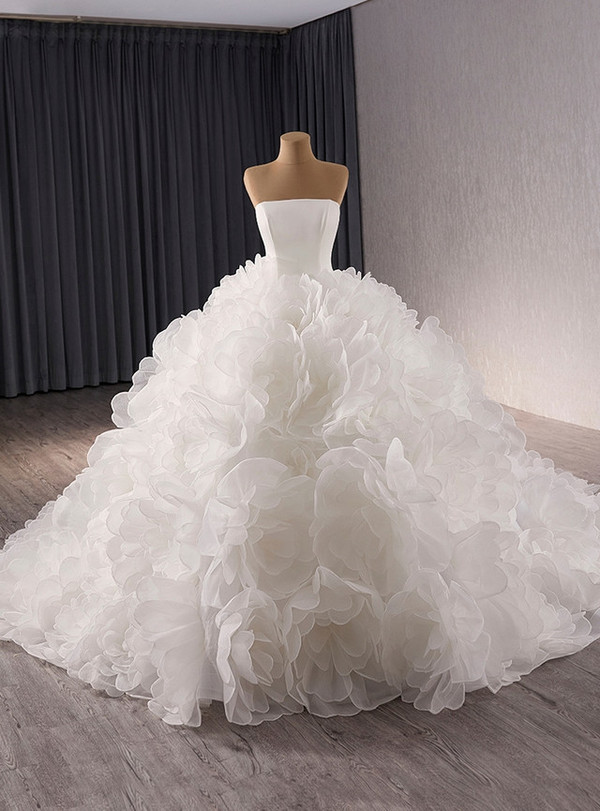 Ball Gown White Tulle 3D Flower Wedding Dress