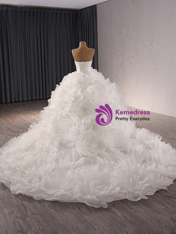 Ball Gown White Tulle 3D Flower Wedding Dress