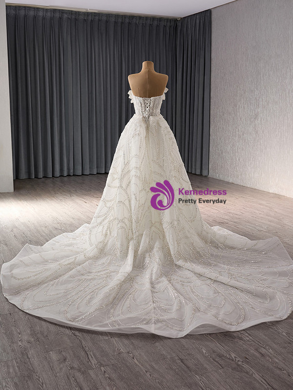 White Mermaid Tulle Strapless Beading Wedding Dress 