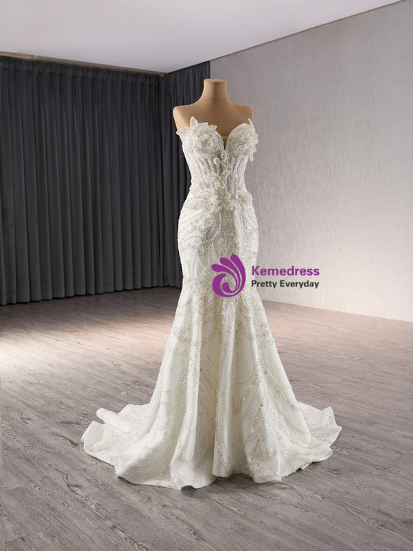 White Mermaid Tulle Strapless Beading Wedding Dress 