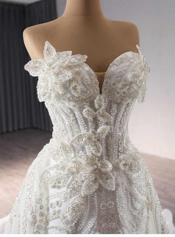 White Mermaid Tulle Strapless Beading Wedding Dress 