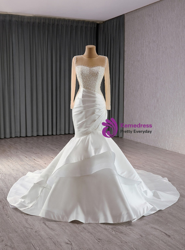 White Mermaid Satin Long Sleeve Sequins Beading Wedding Dress