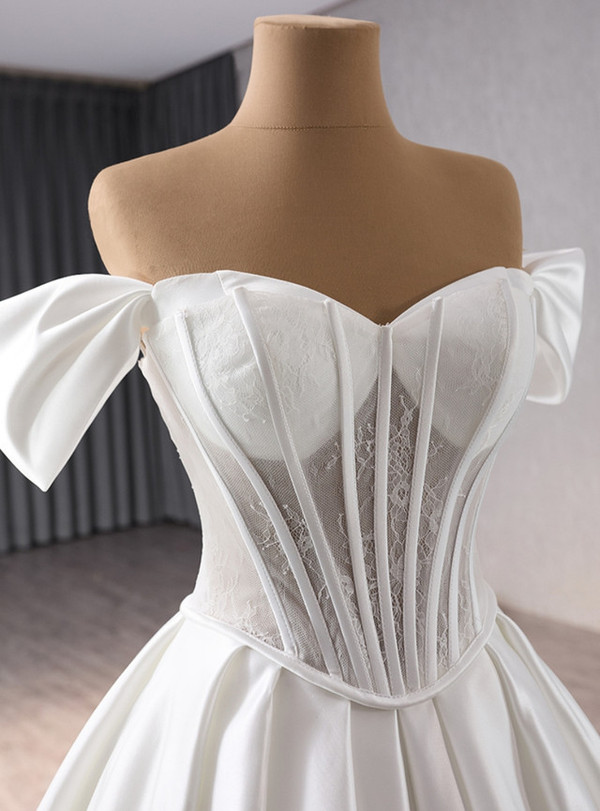 White Satin Lace Off the Shoulder Wedding Dress