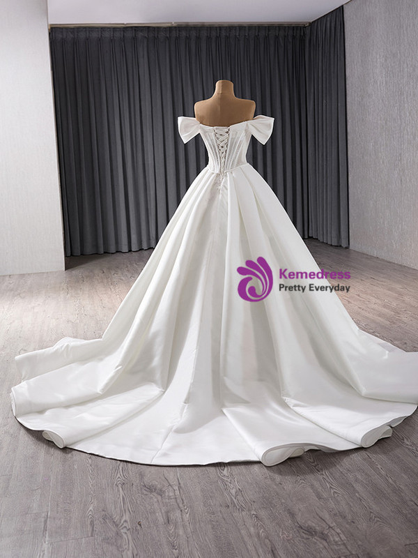 White Satin Lace Off the Shoulder Wedding Dress