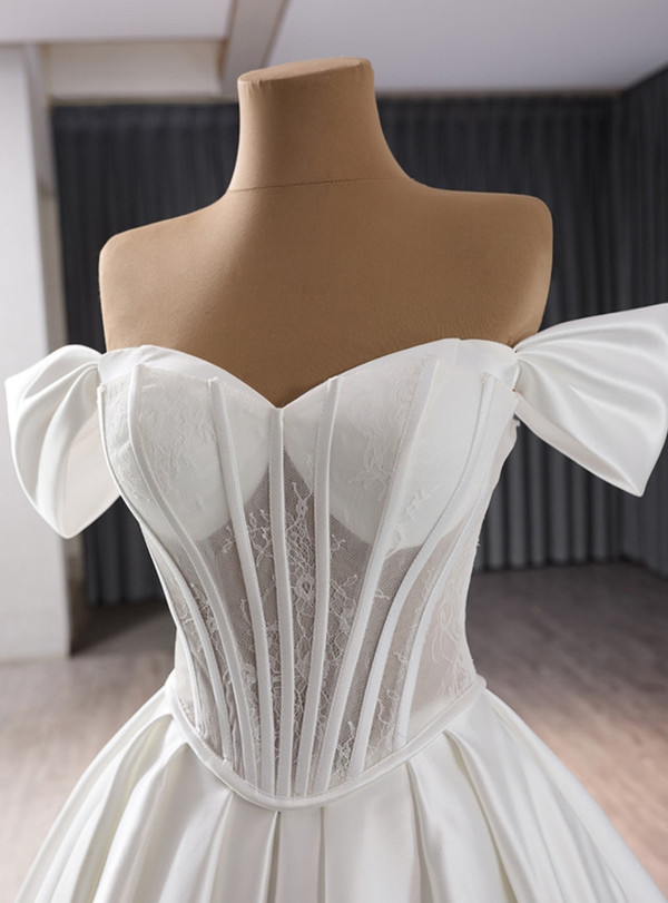 White Satin Lace Off the Shoulder Wedding Dress
