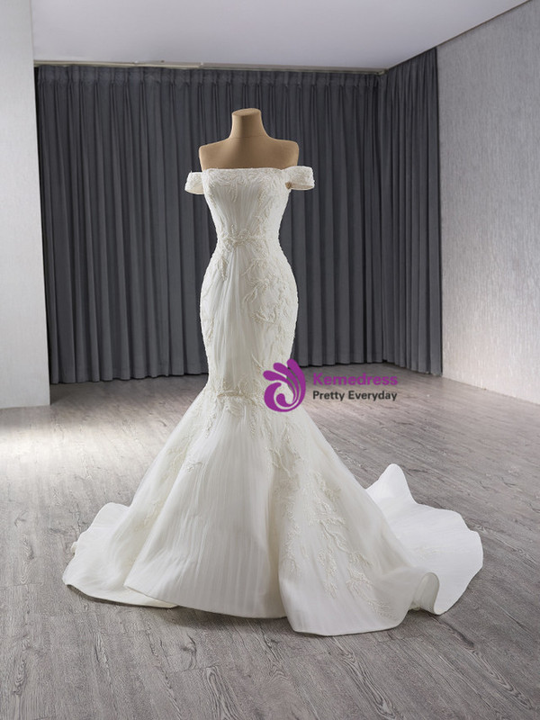 White Mermaid Tulle Pleats Beading Wedding Dress