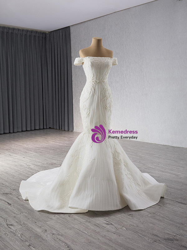 White Mermaid Tulle Pleats Beading Wedding Dress