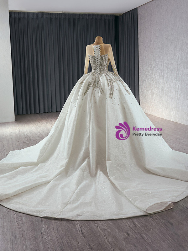 White Ball Gown Long Sleeve Crystal Wedding Dress