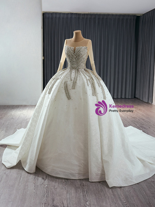 White Ball Gown Long Sleeve Crystal Wedding Dress