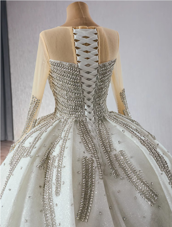 White Ball Gown Long Sleeve Crystal Wedding Dress