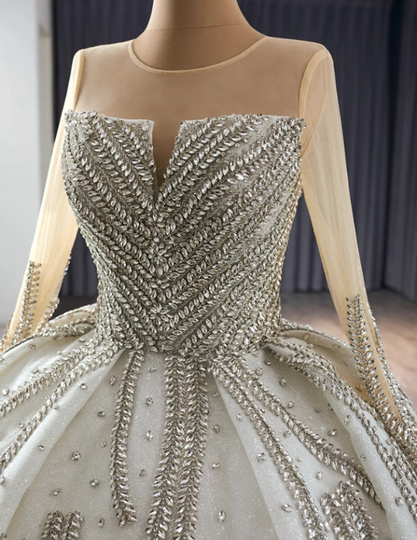 White Ball Gown Long Sleeve Crystal Wedding Dress
