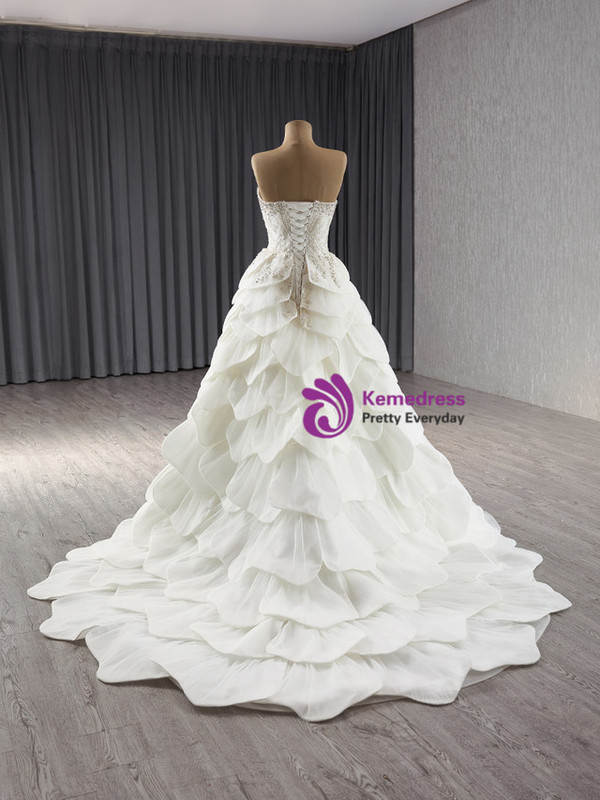 White Strapless Tiers Beading Wedding Dress