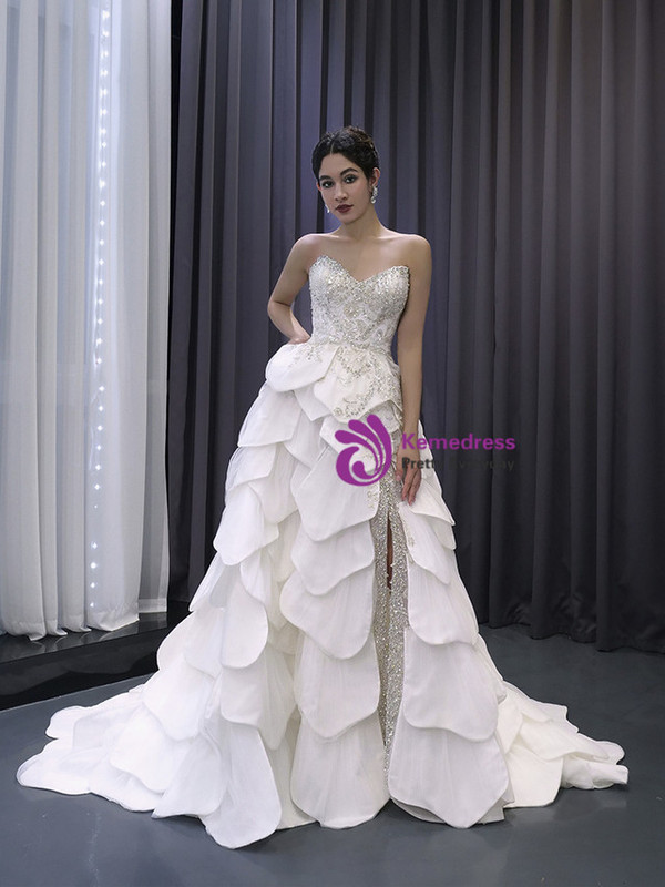 White Strapless Tiers Beading Wedding Dress