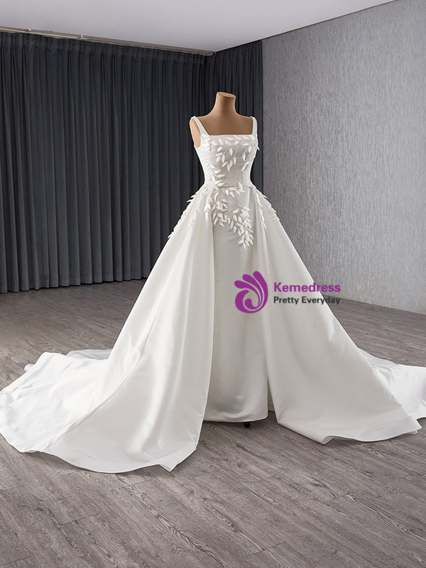 White Straps Wedding Dress With Detachable Train