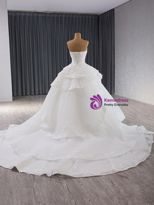 White Tulle Strapless Lace Appliques Wedding Dress