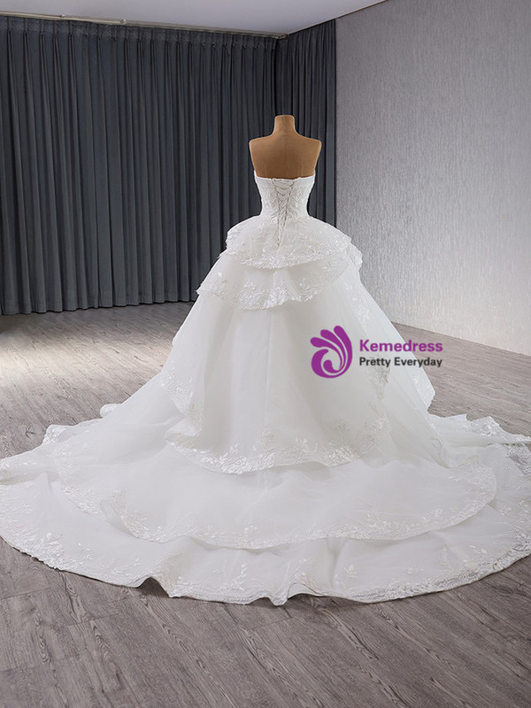 White Tulle Strapless Lace Appliques Wedding Dress