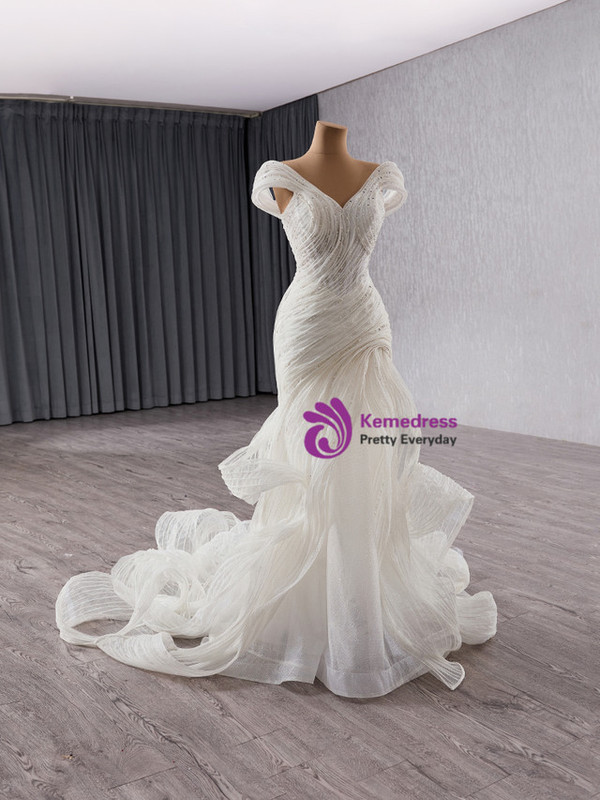 White Mermaid Tulle Pleats Bading Wedding Dress