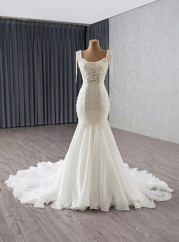 Sexy White Mermaid Tulle Pearls Wedding Dress