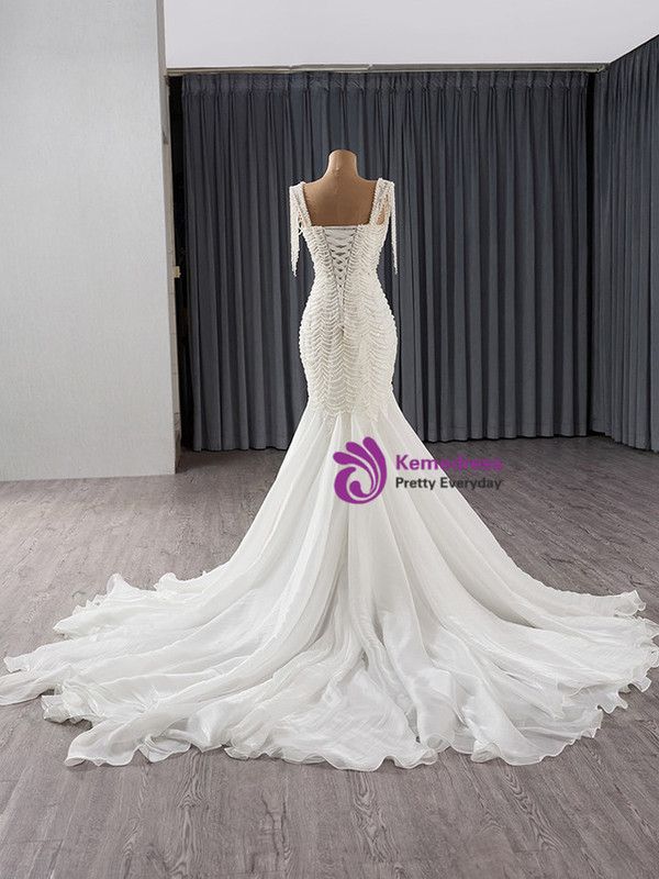 Sexy White Mermaid Tulle Pearls Wedding Dress