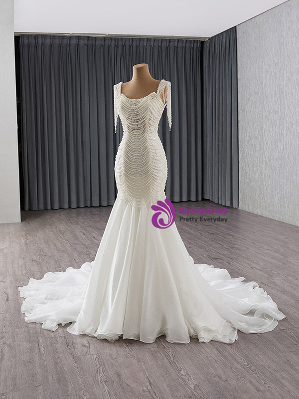 Sexy White Mermaid Tulle Pearls Wedding Dress