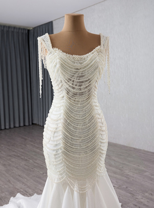 Sexy White Mermaid Tulle Pearls Wedding Dress