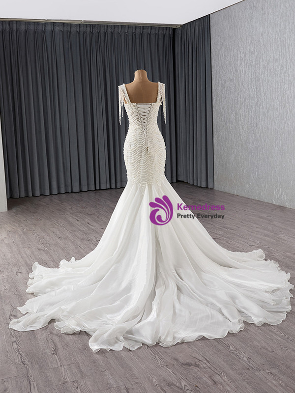 Sexy White Mermaid Tulle Pearls Wedding Dress