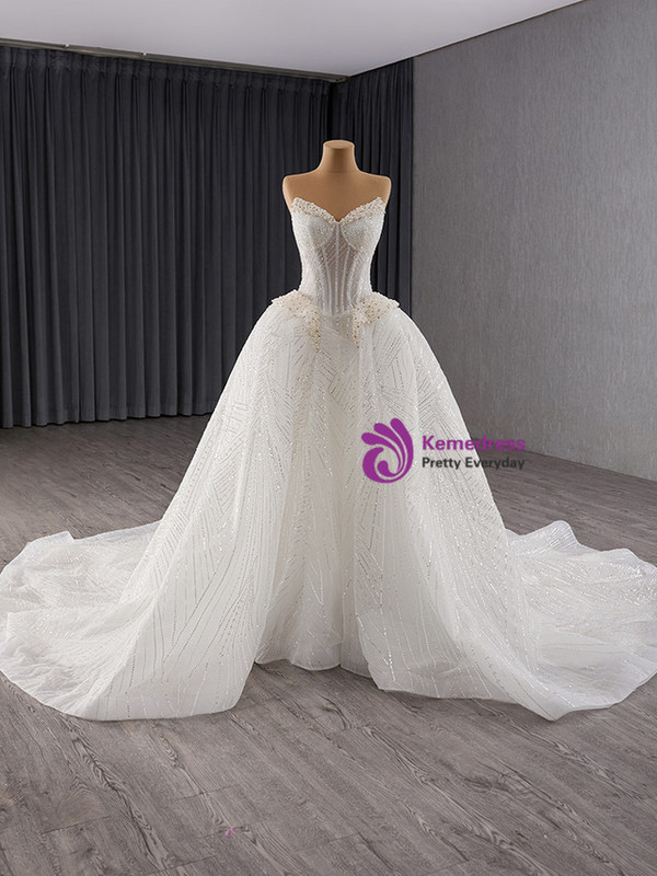 White Sequins Strapless Pearls Wedding Dress