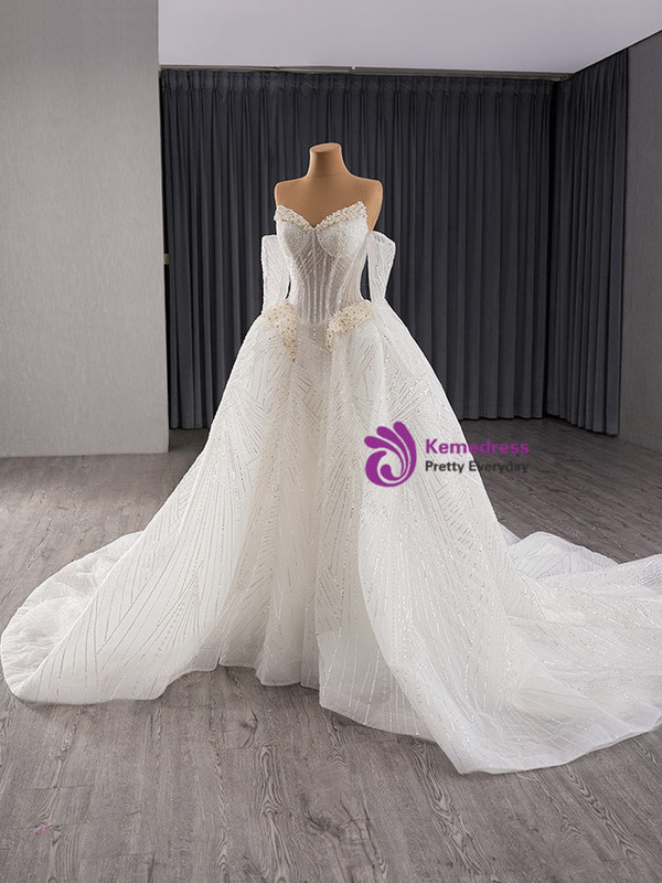 White Sequins Strapless Pearls Wedding Dress