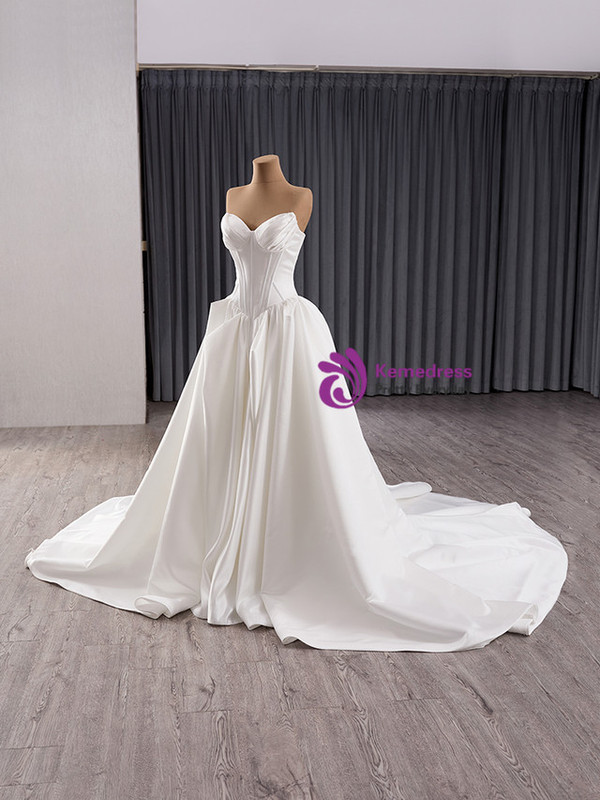 Simple White Satin Strapless Wedding Dress