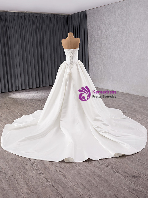 Simple White Satin Strapless Wedding Dress