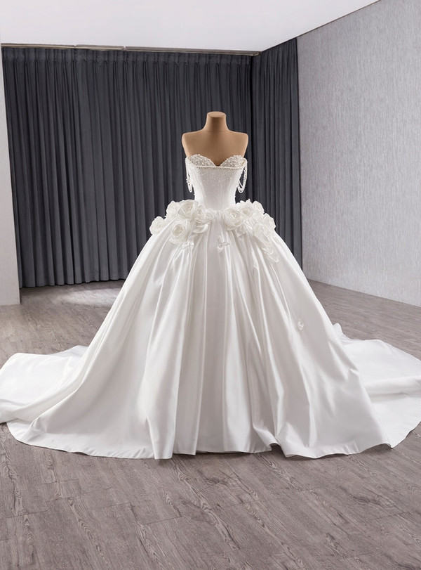 Vintage White Satin Off the Shoulder Beading 3D Flower Wedding Dress
