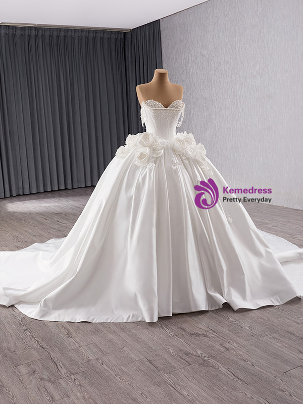 Vintage White Satin Off the Shoulder Beading 3D Flower Wedding Dress