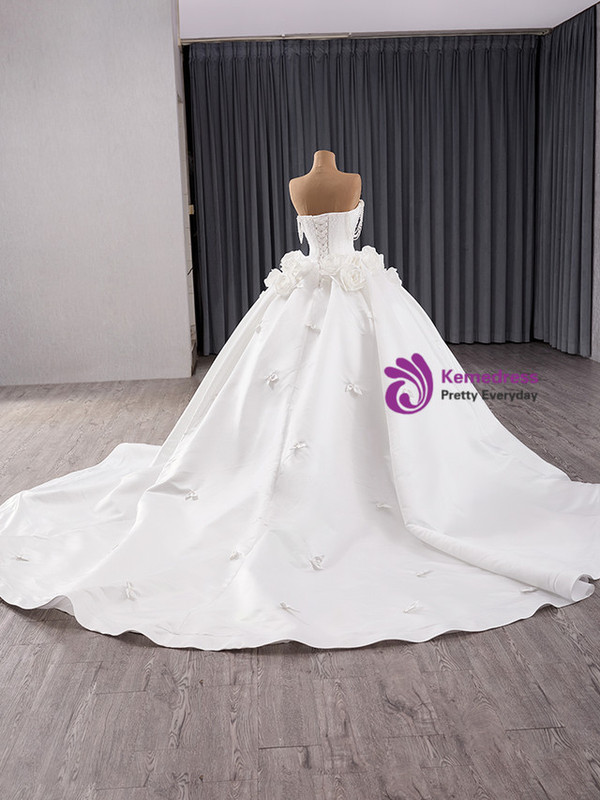 Vintage White Satin Off the Shoulder Beading 3D Flower Wedding Dress