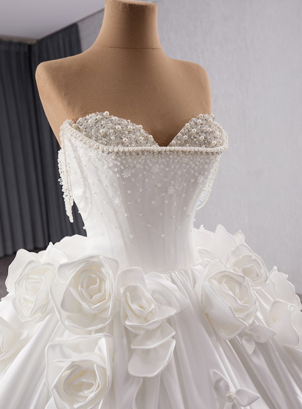 Vintage White Satin Off the Shoulder Beading 3D Flower Wedding Dress