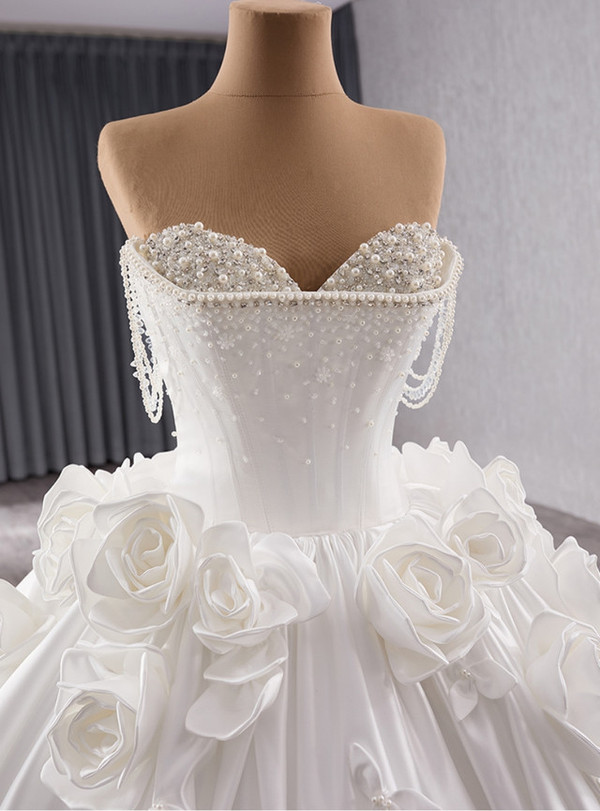 Vintage White Satin Off the Shoulder Beading 3D Flower Wedding Dress