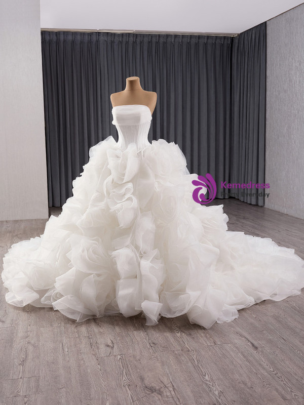 White Tulle Strapless 3D Flower Wedding Dress