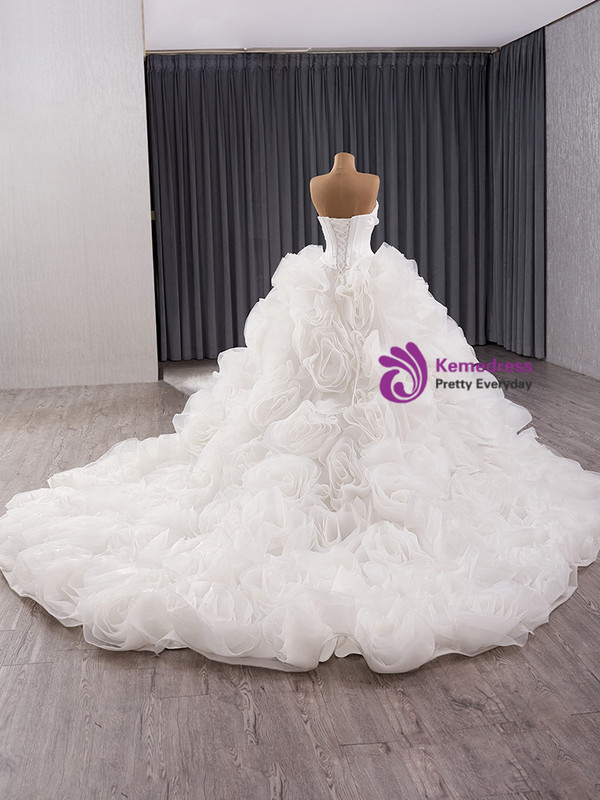 White Tulle Strapless 3D Flower Wedding Dress