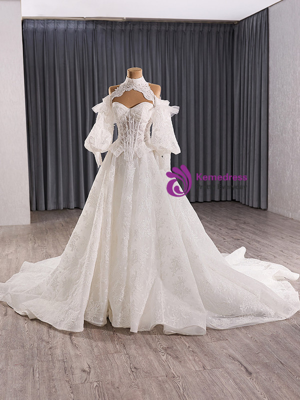 Fashion White Lace Strapless Wedding Dress With Detachable Sleeve